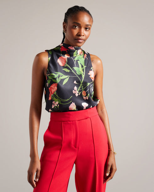 RAEVEN-Tops-This sleeveless number will bring elegance to any season, whether you wear it on its own or layer it under your favorite blazer. RAEVEN brings together a high cowl neck, floral print and back bow fastening to create a top that's a true stand out. Sleeveless top High cowl neck Floral print Self-tie back bow Slim fit Ayo is 5'8" / 1.73m and wears Black in a Ted size 1- Ted Baker Romania